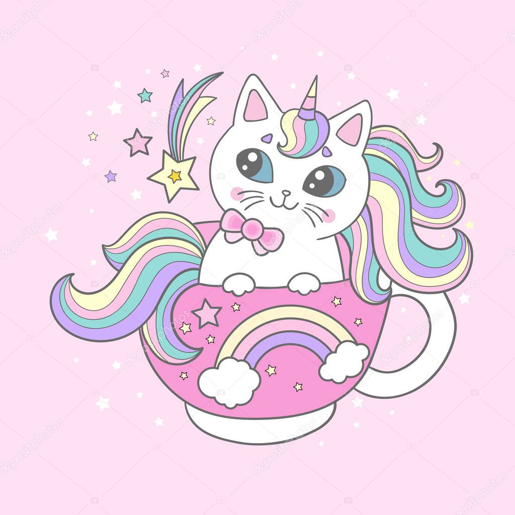 Cute, cartoon cat, unicorn in a cup. Childrens design. Vector illustration