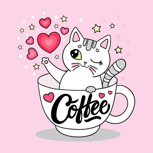 Pequeno, gatinho bonito em uma xícara. A inscrição no copo, café. Para design de crianças. Ilustração vetorial . — Vetor de Stock