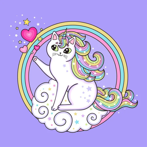 Unicorno di gatto bianco e cartone animato in un arcobaleno rotondo. Progettazione per bambini. Illustrazione vettoriale — Vettoriale Stock