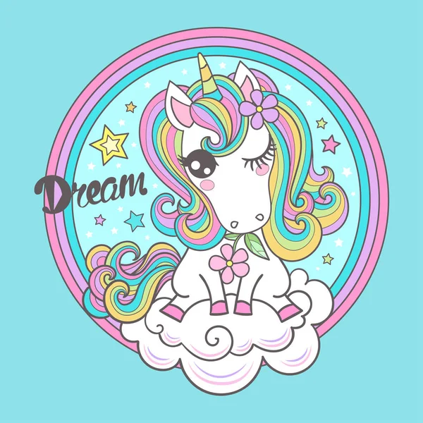 Sogno. Piccolo unicorno su una nuvola in un arcobaleno rotondo. Illustrazione vettoriale — Vettoriale Stock