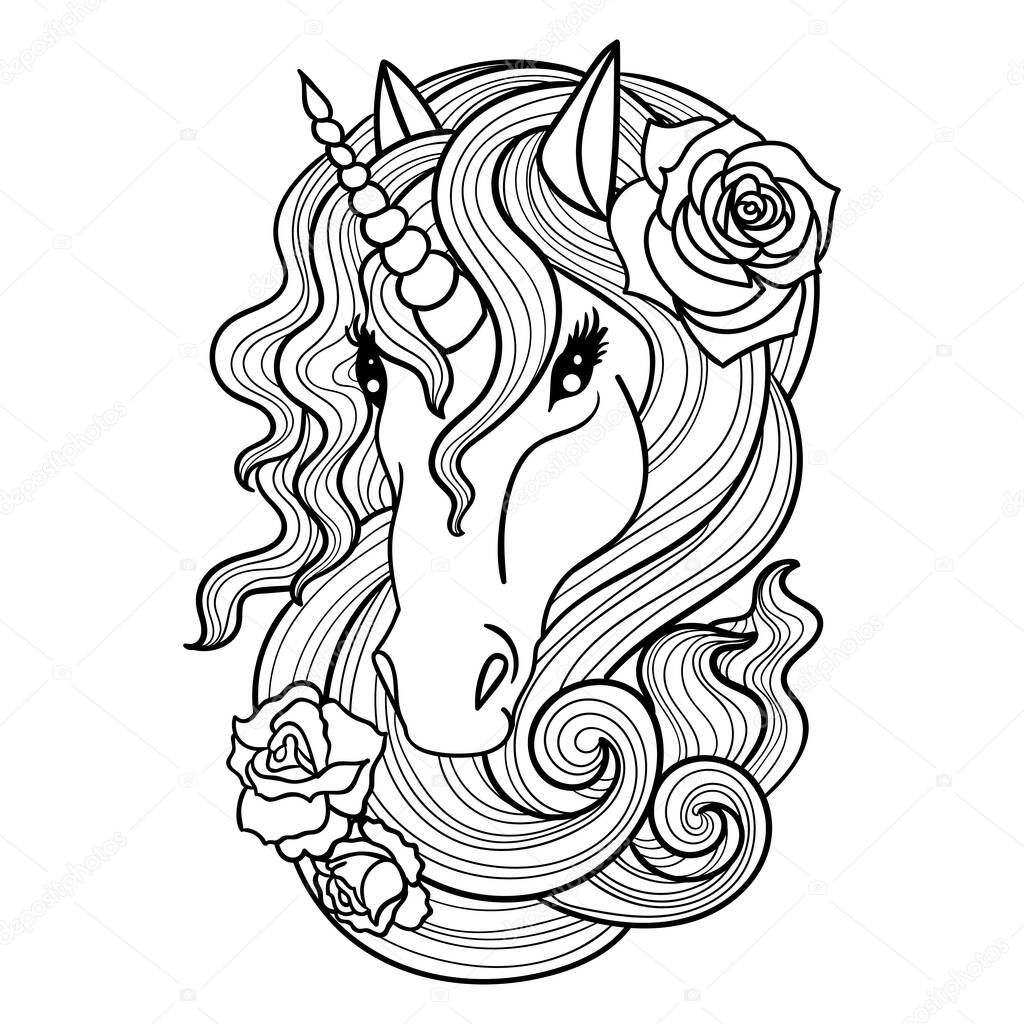 Head of a unicorn with roses in the mane. Black and white. Suitable for tattoos, coloring books, prints, posters. postcards and so on