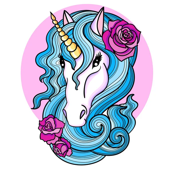 Kepala Unicorn Putih Dengan Surai Biru Dan Mawar Hewan Yang - Stok Vektor