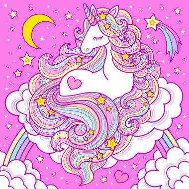 Uzun yeleli şirin beyaz bir tek boynuzlu at bulut ve gökkuşağında oturuyor. Vektör illüstrasyonu