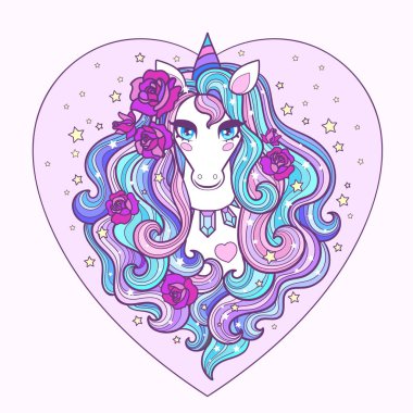 Uzun yelesi ve gülleri olan güzel beyaz bir tek boynuzlu at. Vektör illüstrasyonu