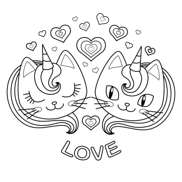 Imagen en blanco y negro. Cabezas de dos gatos unicornio enamorados. Vector — Archivo Imágenes Vectoriales