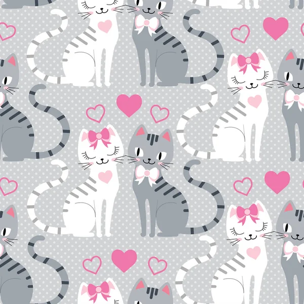 Seamless pattern with a pair of cats in love on a gray background. Vector — Stock Vector