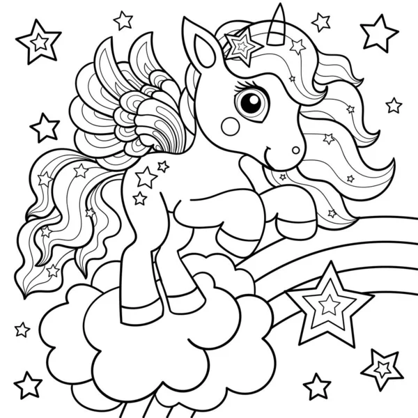 Gökkuşağında yıldızlı şirin tek boynuzlu at. Siyah beyaz çizim. Vektör