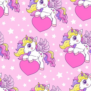 Pembe arka planda kalpleri olan tek boynuzlu atlar. Vektör