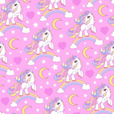 Pembe arka planda tek boynuzlu at ve gökkuşağı deseni. Vektör