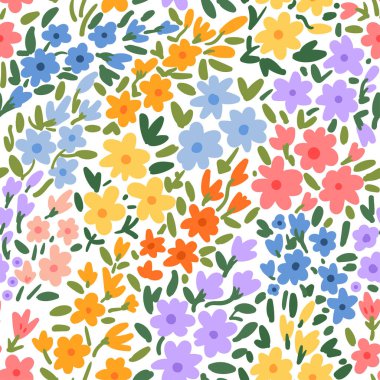 Beyaz arka planda parlak bahar çiçekleri olan kusursuz bir desen. Kumaş tasarımı, duvar kâğıdı, arka plan, ambalaj kağıdı, hatıra defteri vs. Vektör