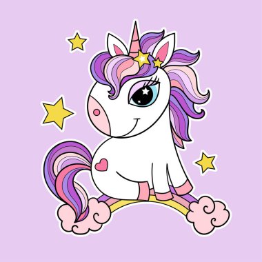 Gökkuşağında oturan küçük bir tek boynuzlu at. Çocuk baskıları, posterler, kartlar, çıkartmalar, bulmacalar için uygun. Vektör illüstrasyonu