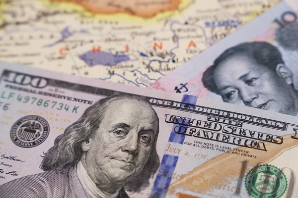 Dollar Und Chinesischer Yuan Auf Der Landkarte Chinas Handelskrieg Zwischen — Stockfoto