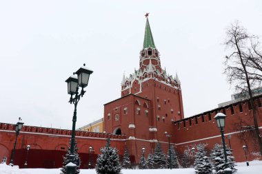 Moskova Kremlin ve kar köknar ağaçları bulutlu gün, doğal görünüm kapalı. Troitskaya kule kırmızı yıldız ve Alexander Bahçe, Rus kış, Rusya yerlerinden vintage sokak fener ile