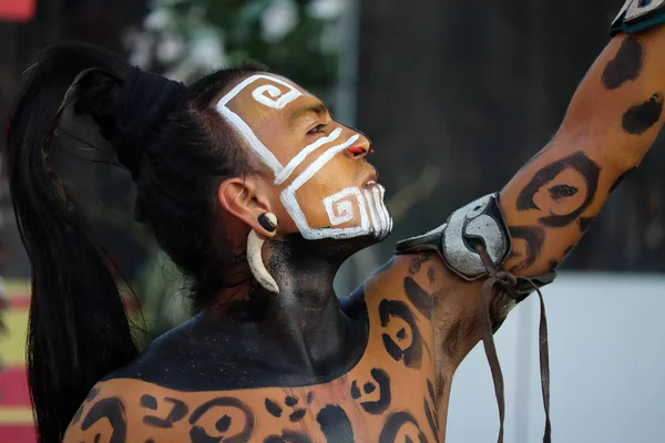 Moscú Rusia Junio 2019 Guerrero Maya Coloración Combate Jaguar Festival — Foto de Stock