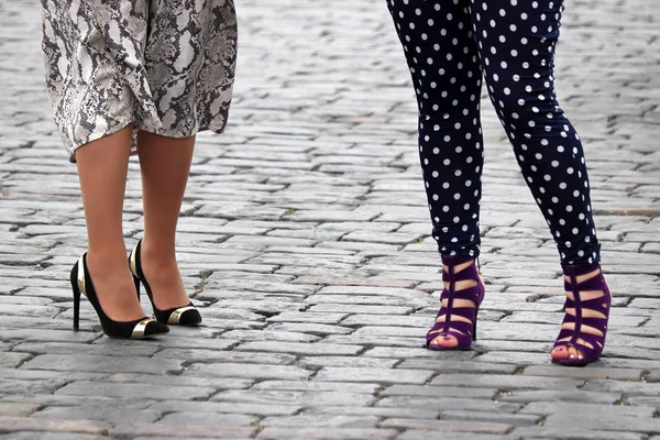 ハイヒールの女性 女性の靴エレガントな履物で通りに立っている2人のスタイリッシュな女の子 — ストック写真