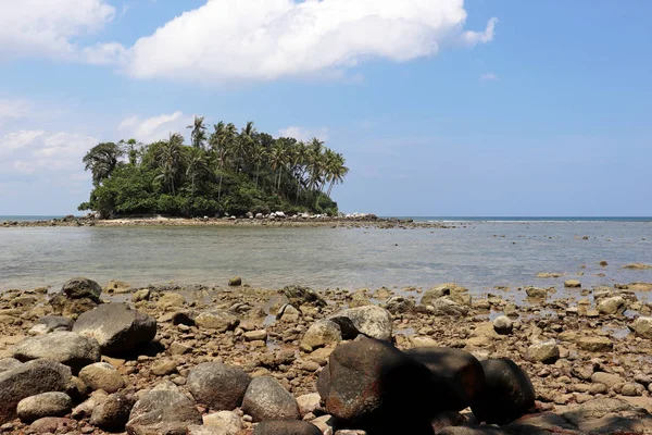 Tropisch Eiland Met Kokospalmen Een Oceaan Schilderachtig Uitzicht Vanaf Het — Stockfoto