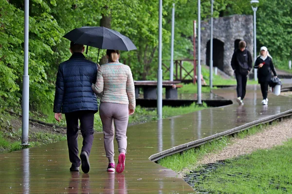 Regn Stad Par Med Paraply Som Går Grön Park Regnigt — Stockfoto