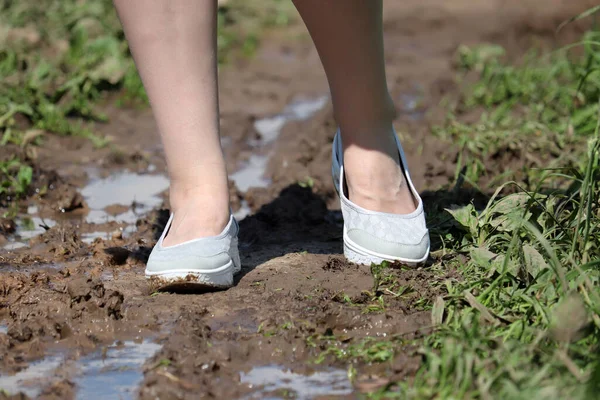 泥だらけのパス上の女性の足 靴泥の中で土 夏に雨が降った後の水溜りのある田舎道 田舎を歩く女性 — ストック写真