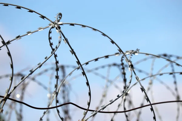 Barbed wire on background of blue sky and white clouds. Concept of boundary, prison, war or immigration