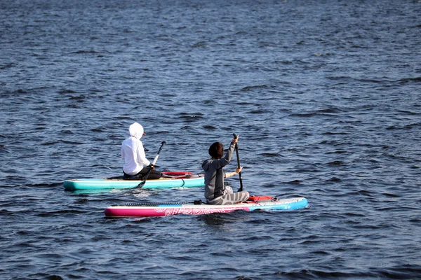 Sup Surfing Δύο Κορίτσια Κουπιά Ιππασία Μια Σανίδα Μια Θάλασσα — Φωτογραφία Αρχείου