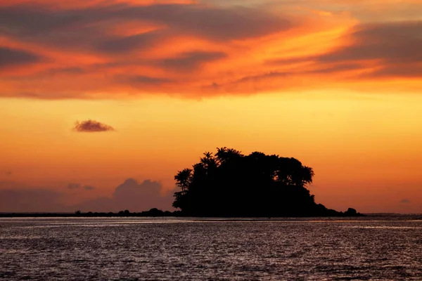 Sonnenuntergang Strand Silhouette Einer Tropischen Insel Mit Palmen Dunklen Meer — Stockfoto