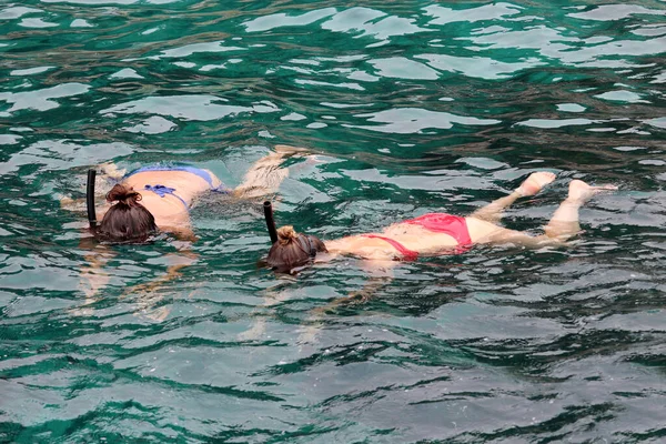Denizde Şnorkelle Yüzmek Yaz Tatili Maskeli Bikinili Iki Kız Mercan — Stok fotoğraf