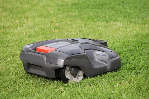 芝刈り機牧草地に草を刈るロボット 夏の公園の自動車 — ストック写真