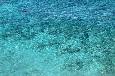 Gök mavisi su dokusu, kayalık tabanlı şeffaf deniz yüzeyi. Hava görüntüsü, doğal mavi arkaplan