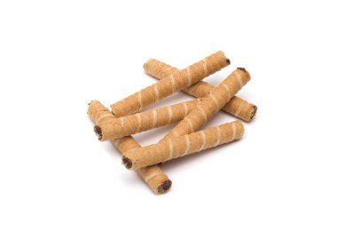 Gofret çikolata ile beyaz bir arka plan üzerinde ayrı tut, tatlılar rulo