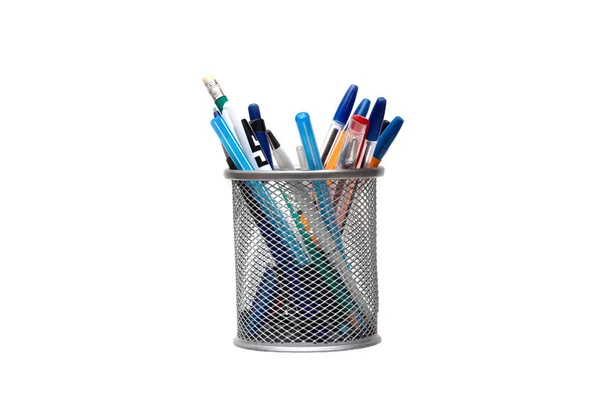 Stand Pens Pencils Desktop White Background — Stock Photo, Image