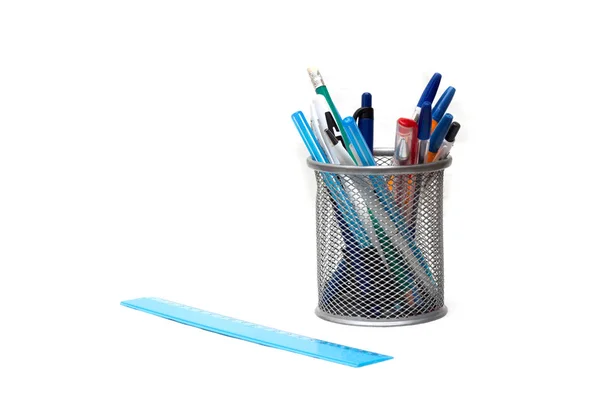Stand Pens Pencils Ruler White Background — Stock Photo, Image