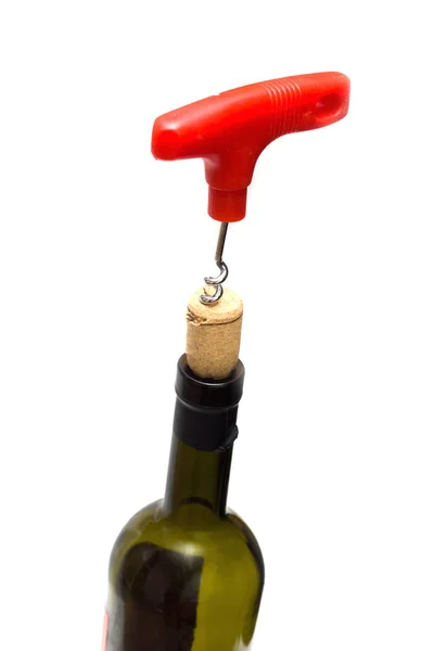 Una Bottiglia Vino Cavatappi Fondo Bianco Isolano — Foto Stock