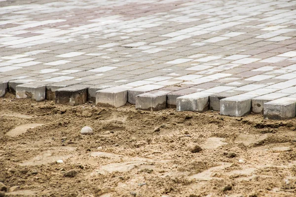 Colocación Losas Pavimentación Sobre Arena Reparación Construcción Calle —  Fotos de Stock