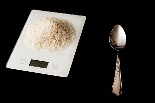 Rice White Scales Spoon Black Background — Stock Photo, Image