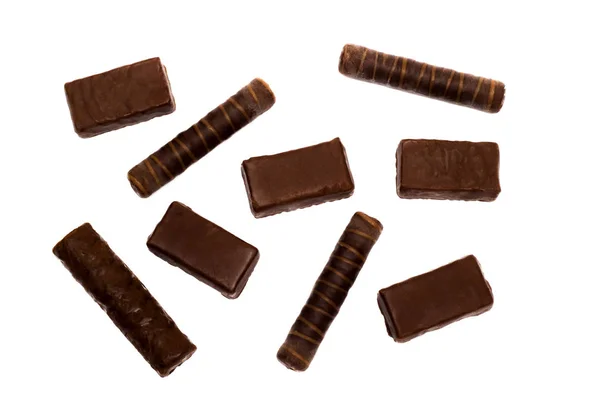 Різні Шоколадні Цукерки Білому Тлі Солодка Пустеля Ізольовані — стокове фото