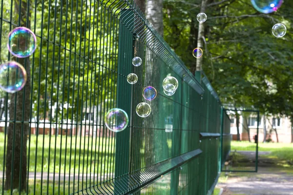 Såpbubblor Mot Bakgrund Gröna Träd Parken — Stockfoto