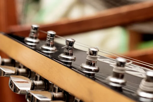 Drewniane podstrunnicy gitary, kołki i ciągi szczelnie-do góry — Zdjęcie stockowe