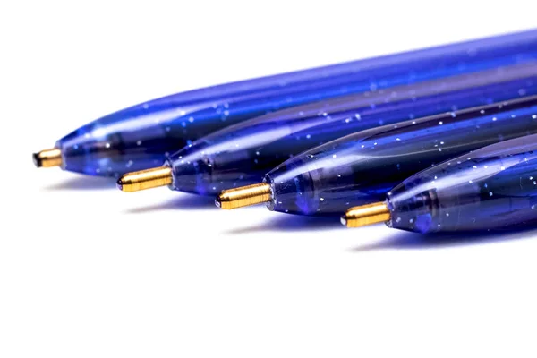 Four Blue Ballpoint Pens Close Isolate White Background — Stock Photo, Image