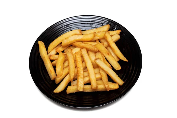 Fried Potatoes Black Plate Isolate White Background — Stock Photo, Image