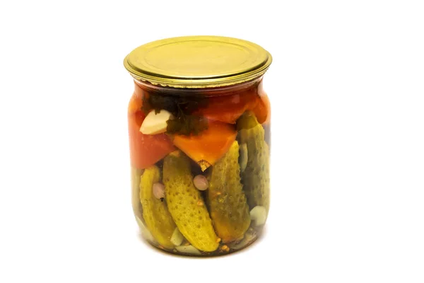 Pickled Cucumbers Tomatoes Jar Isolate White Background — Stock Photo, Image