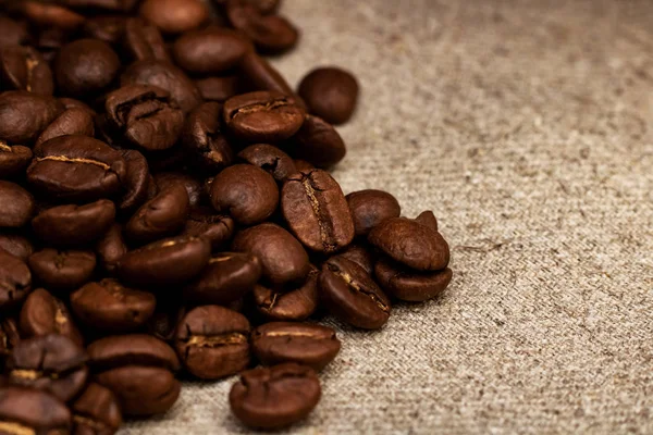 Koffie Korrels Close Jute Doek Met Kopie Ruimte — Stockfoto