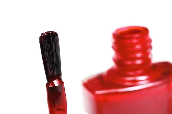 Cepillo Frasco Con Esmalte Uñas Rojo Aislado Sobre Fondo Blanco — Foto de Stock