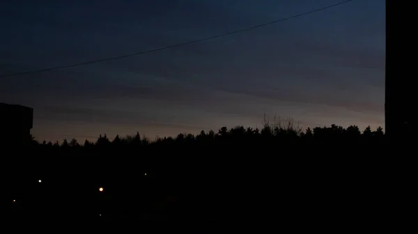 Tramonto Giallo Sulla Città Gli Alberi Ombra Profonda Sfondo — Foto Stock