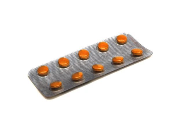 Blister Yellow Pills Close Isolate White Background — Stock Photo, Image