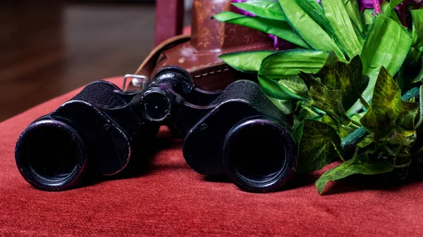 Binóculos pretos no fundo das flores — Fotografia de Stock