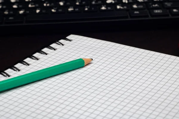 Green pencil on notebook in a cage — Stock Photo, Image