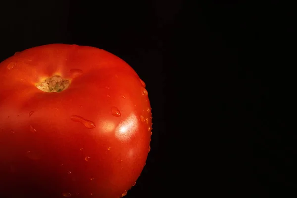 Tomate Vermelho Com Gotas Água Fundo Escuro Espaço Cópia — Fotografia de Stock