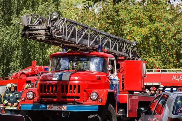 Novopolotsk, Belarus - July 15, 2019: Red fire truck closeup — Stock Photo, Image