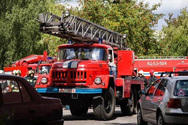 Novopolotsk, Belarus - July 15, 2019: Red fire truck closeup — Stock Photo, Image