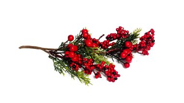 Yapay kırmızı çiçekler ve yeşil yapraklar, izole